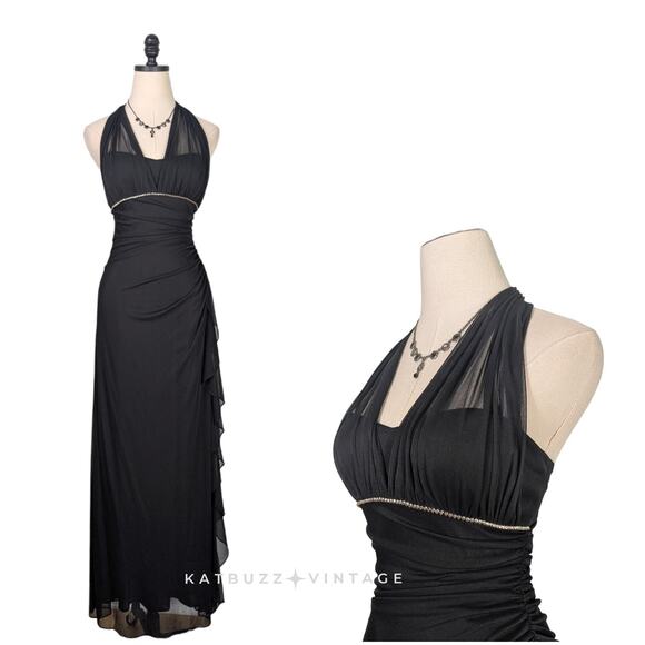 Vintage Nites Prom Dress Maxi Gown 10 Black Y2K Fairy Goth Babydoll Halter Glam - Picture 1 of 9